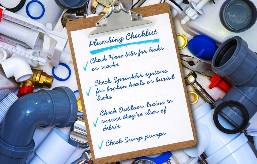 This is an image of a bunch of plumbing tools and a checklist for plumbing maintenance