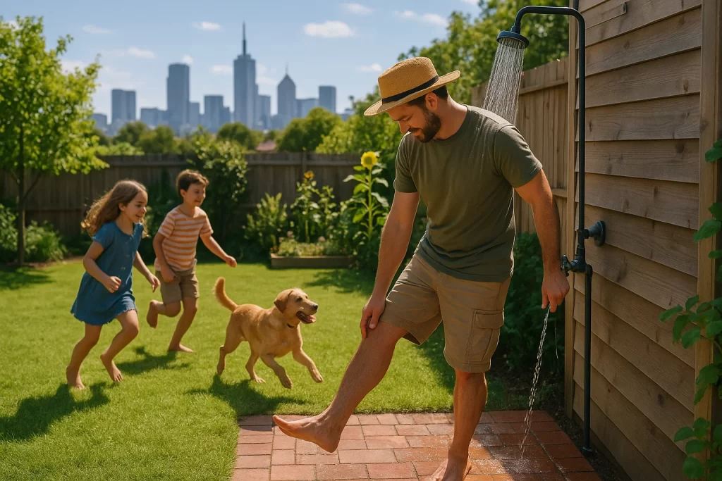 Homeowner rinsing off in the outdoor shower with the kids and dog in the background.
