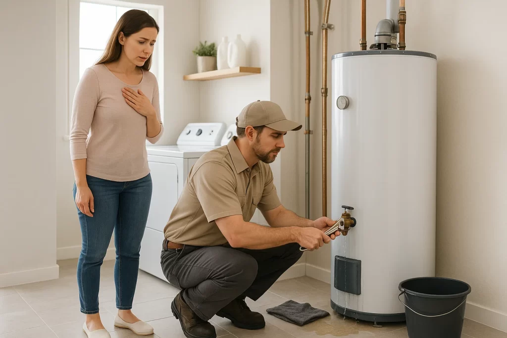 Homeowner and plumber inspecting a leaking water heater shut-off valve
