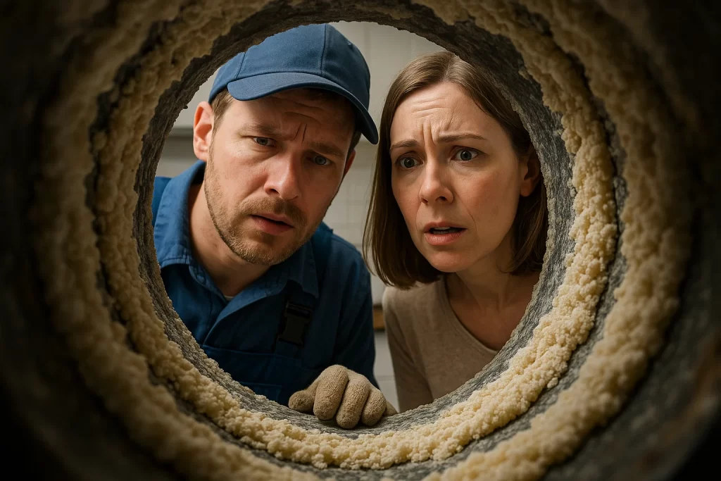 A plumber and a homeowner look into a pipe with Copper pipes with heavy orange-brown rust and mineral corrosion