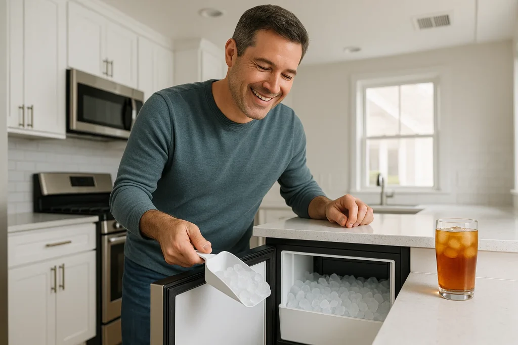 Homeowner scoops ice from under-counter ice maker in modern summer-ready kitchen