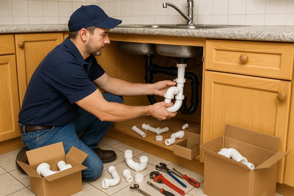 An image of a plumber, replacing the piping under the sink of a residential home
