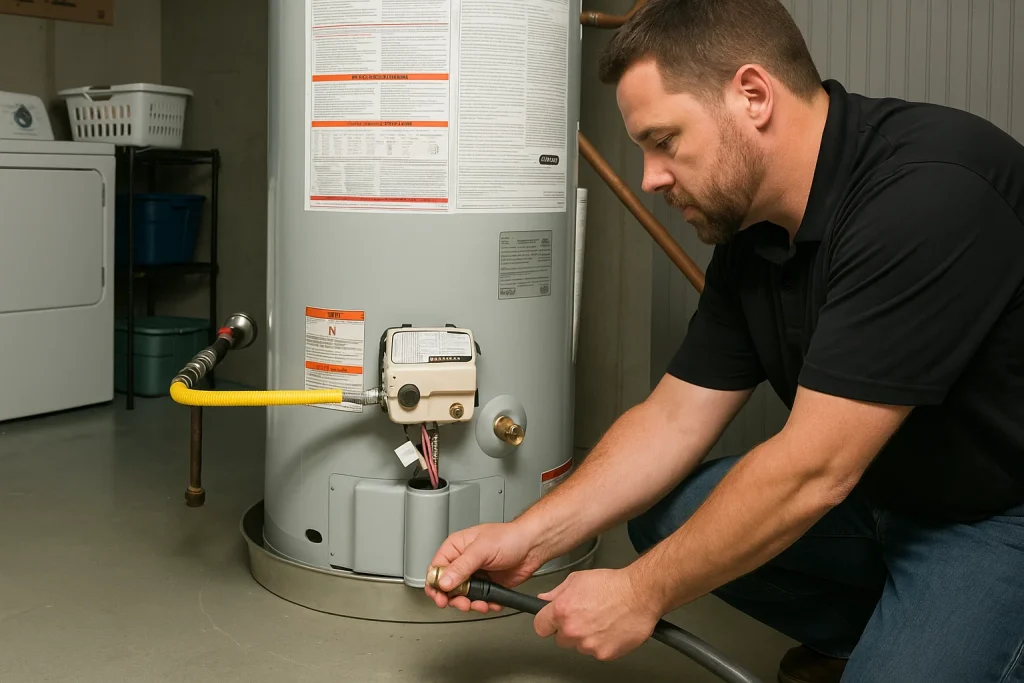 A plumber attaching a hose to a hot water heater to flush it