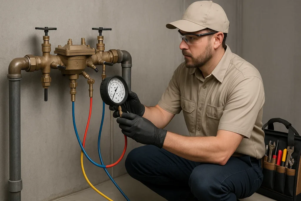 Plumber testing RPZ backflow assembly with differential pressure gauge
