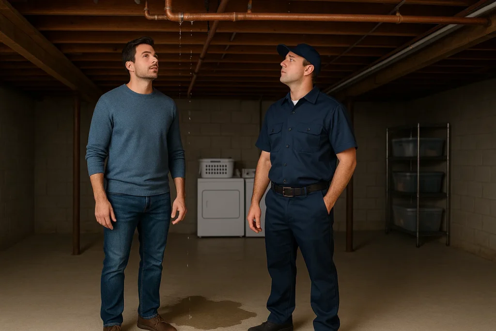 Homeowner and a plumber stand in the basement looking at the corroded pipes that are leaking