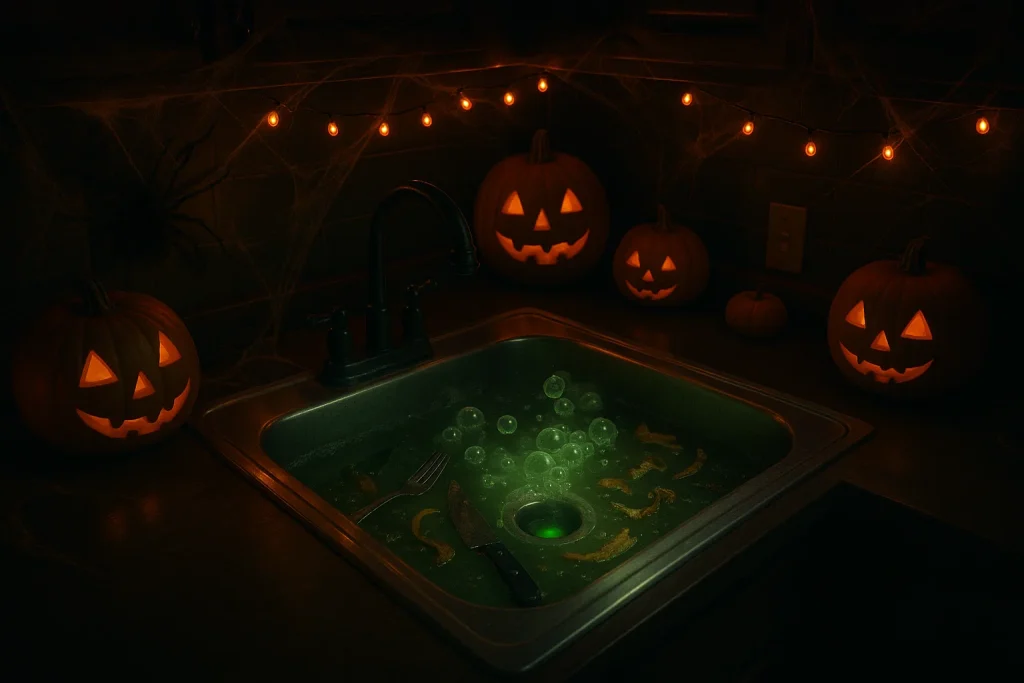 Halloween-themed kitchen with a clogged, bubbling sink filled with murky water and floating food debris.