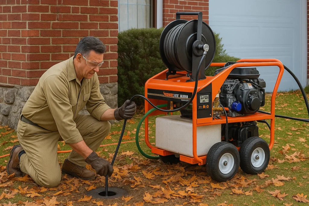 Hydro-jetting technician clears outdoor sewer line at St. Louis home.