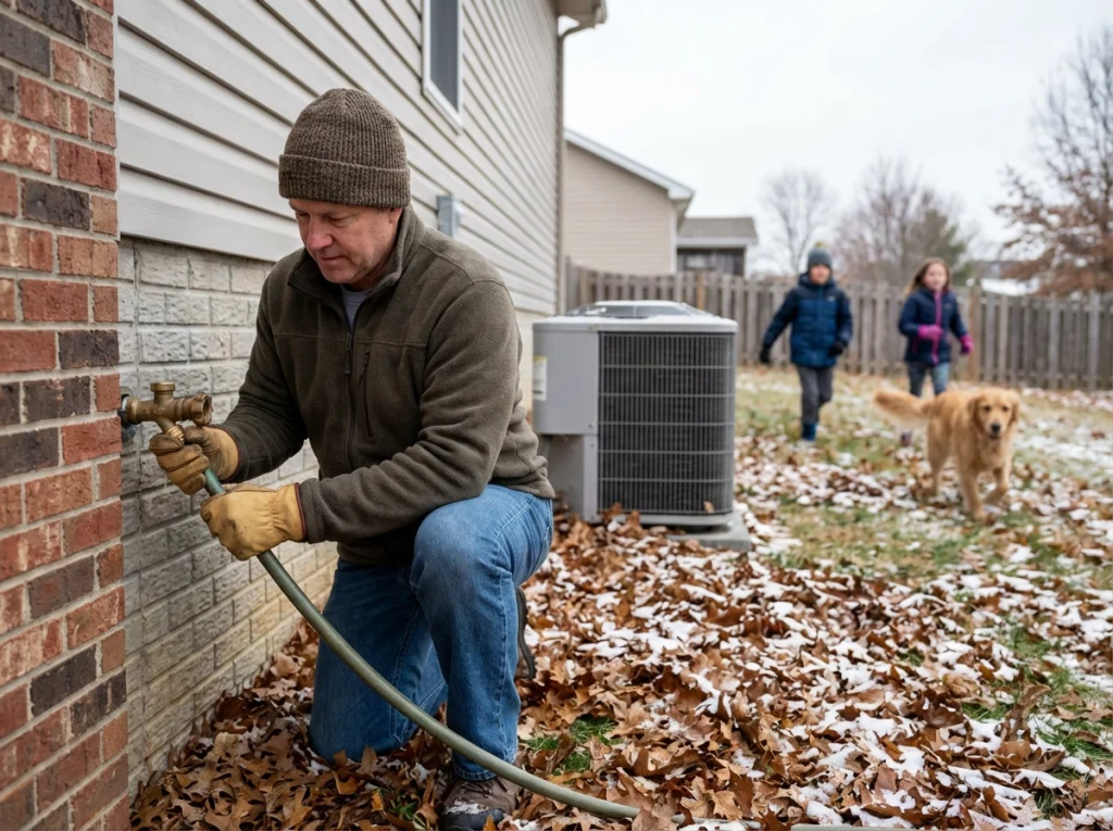 A homeowner removing the outside hose before winter.
