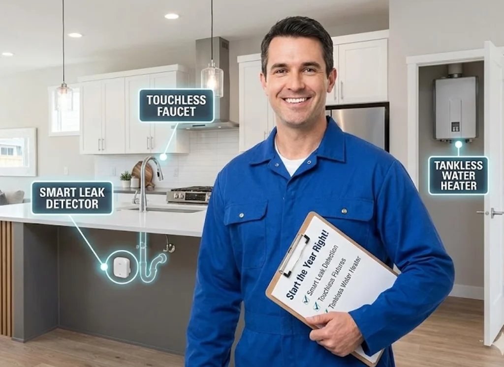 Plumber with clipboard checklist showing top plumbing upgrades for the New Year.