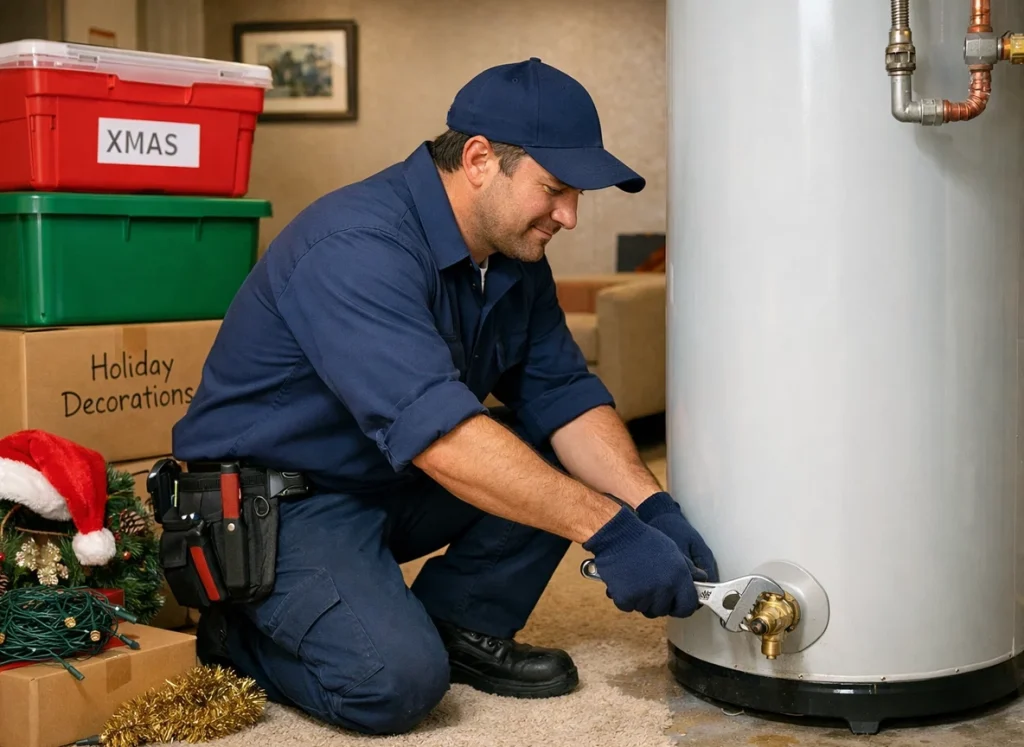Plumber performing water heater maintenance in a home after the holidays with seasonal storage boxes nearby.