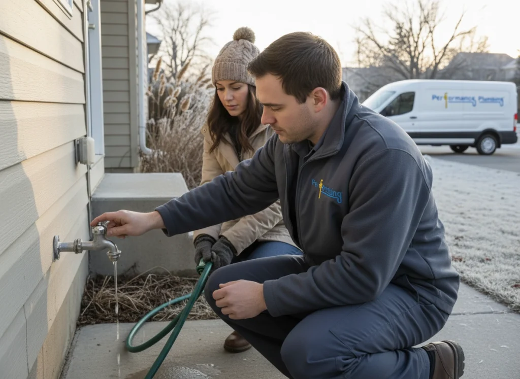 Plumber draining outdoor spigot while homeowner disconnects hose in winter.