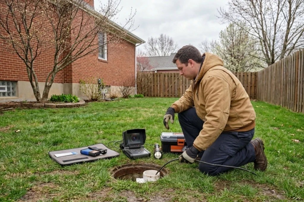 Plumber performing spring sewer and drain system check