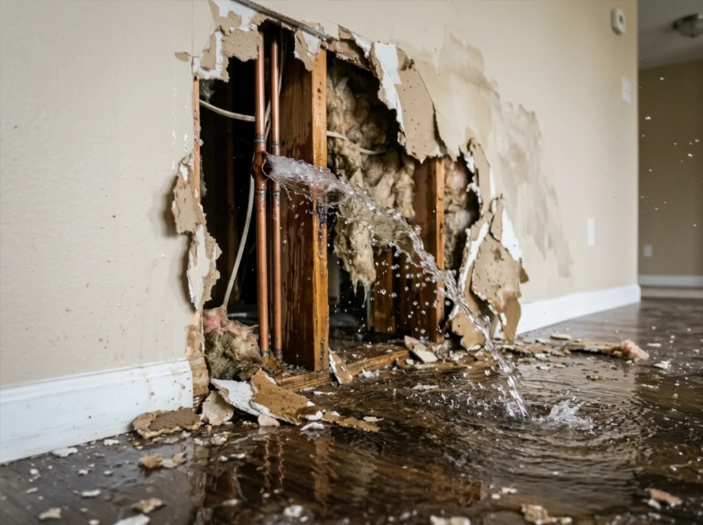 A broken pipe in the wall flooding the home.