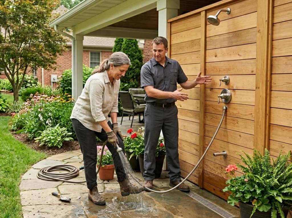 St. Louis homeowner using a professionally installed outdoor shower foot rinse