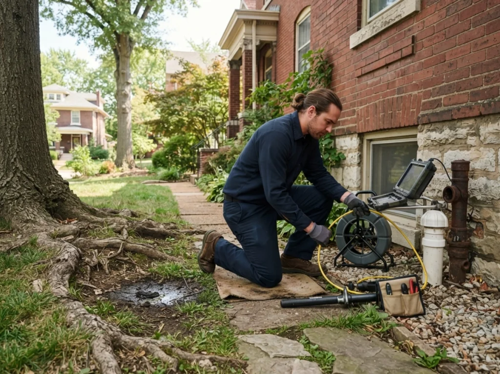 Plumber inspecting an older St. Louis sewer line with a camera