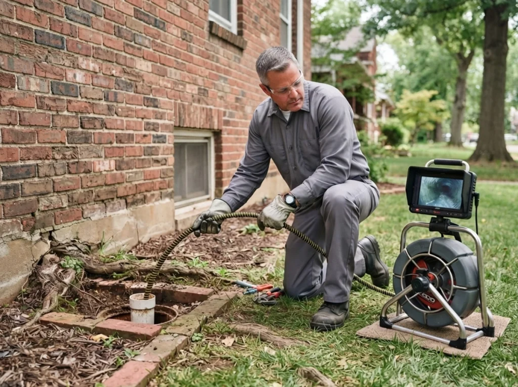 Plumber performing sewer camera inspection at St. Louis home