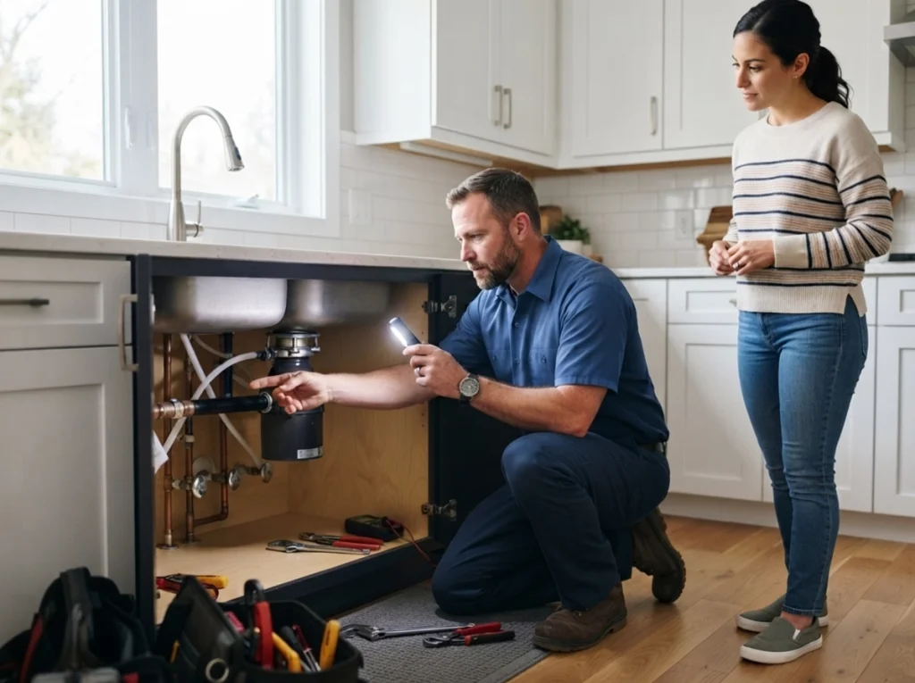 Plumber inspecting pipes under kitchen sink with homeowner watching