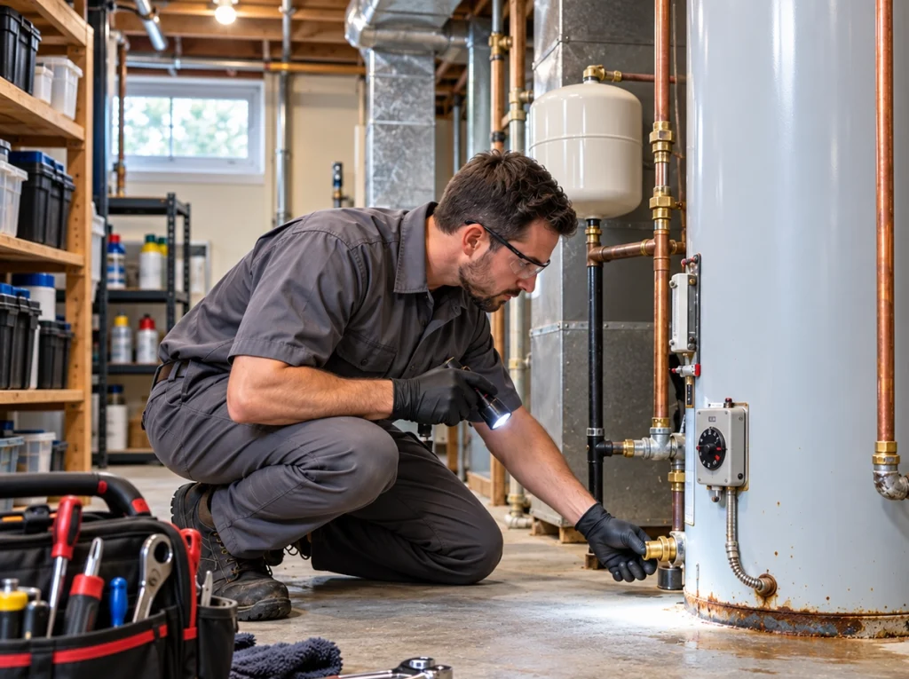 Plumber inspecting a residential water heater before winter